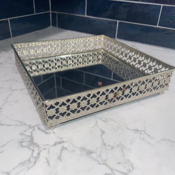 Unbranded Other - Vtg Vanity Mirror Footed Perfume Tray Metal Hollywood Regency Style 8.5" Square